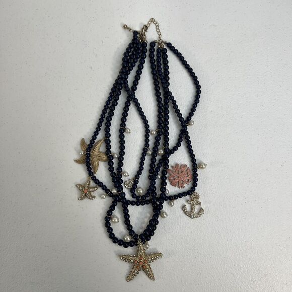 Nautical Themed Multi-Strand Necklace Starfish Anchor Charms Beach Jewelry Blue - Picture 2 of 12